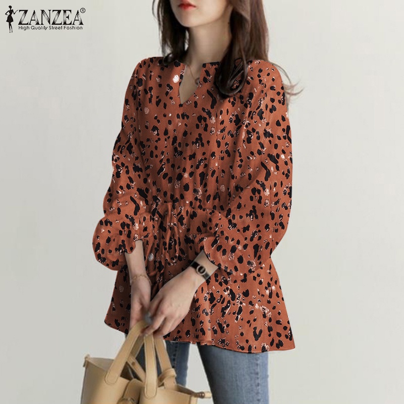 Áo kiểu Zanzea tay dài cổ chữ v eo co giãn in họa tiết da báo phong cách vintage dành cho nữ