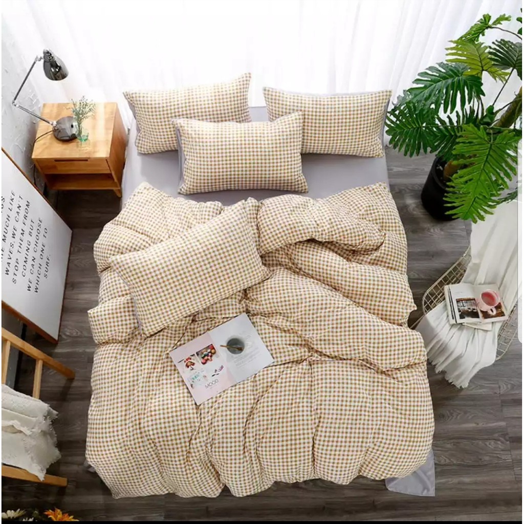 Set Kẻ Caro Cam nhỏ CHĂN GA GỐI ĐŨI kẻ 4 món họa tiết kẻ Hàn Quốc