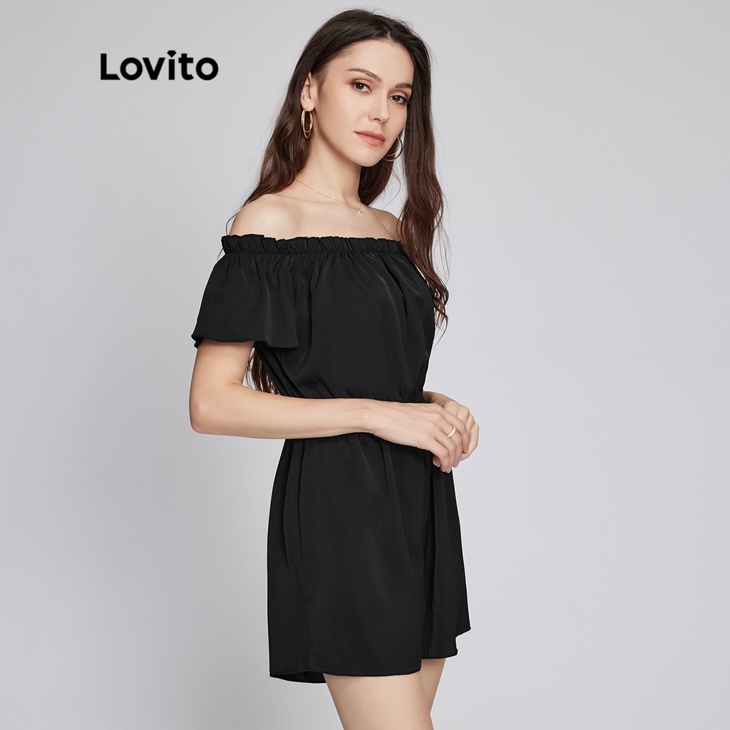 Áo liền quần Lovito phong cách boho màu trơn trễ vai eo co giãn diềm xếp nếp L26LD081 (màu đen)