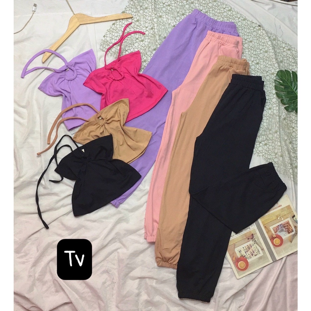 mix set quần jogger trơn bo ống kèm áo ống luồn cổ