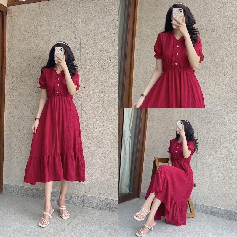 Đầm midi eo thun viền bèo phối nút