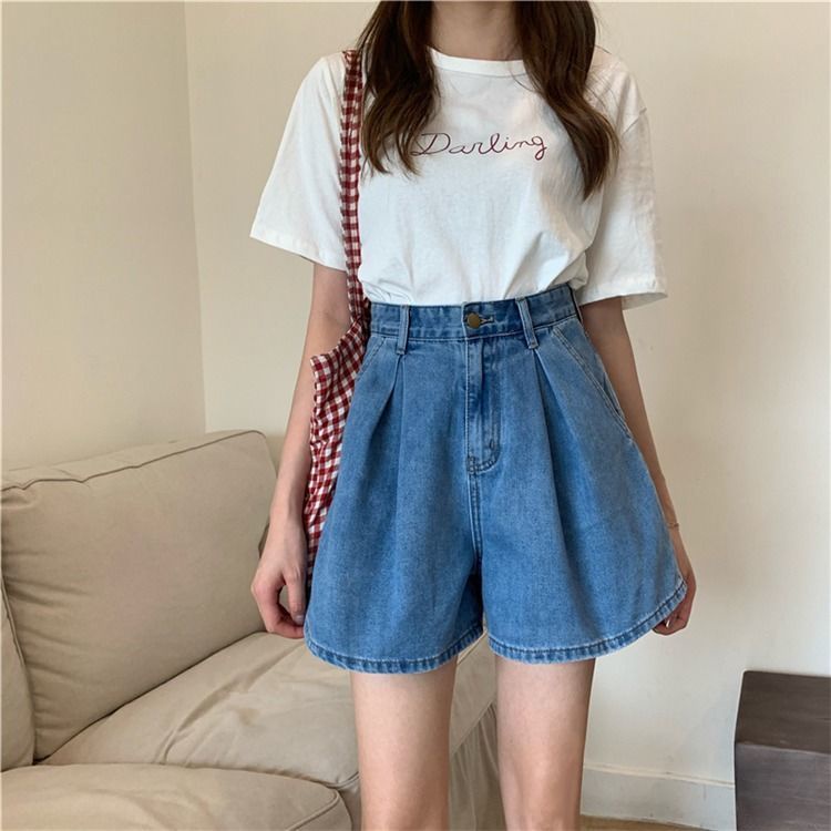 Quần Short Denim Lưng Cao Ống Rộng Thời Trang Dành Cho Nữ