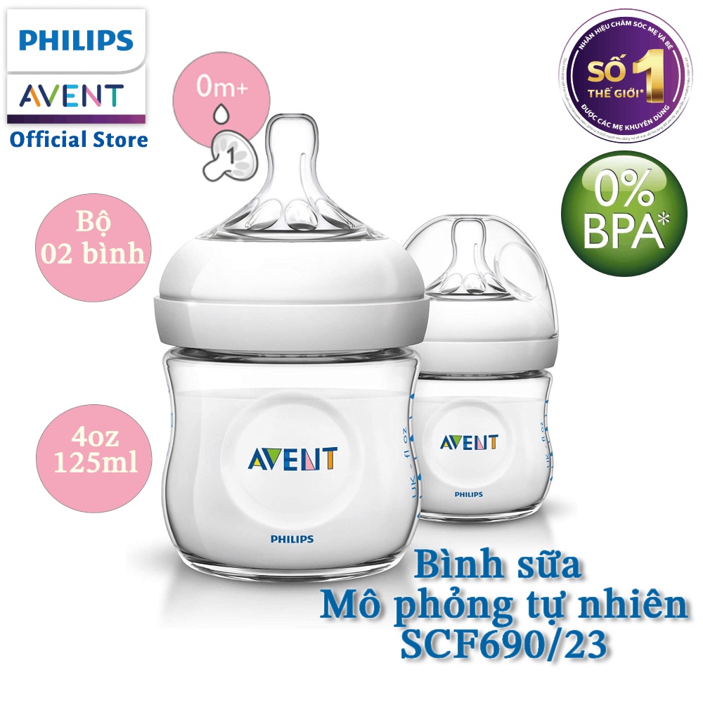 Bộ 2 bình sữa mô phỏng tự nhiên bằng nhựa hiệu Philips Avent (125ml cho trẻ từ 0 tháng ) SCF690/23