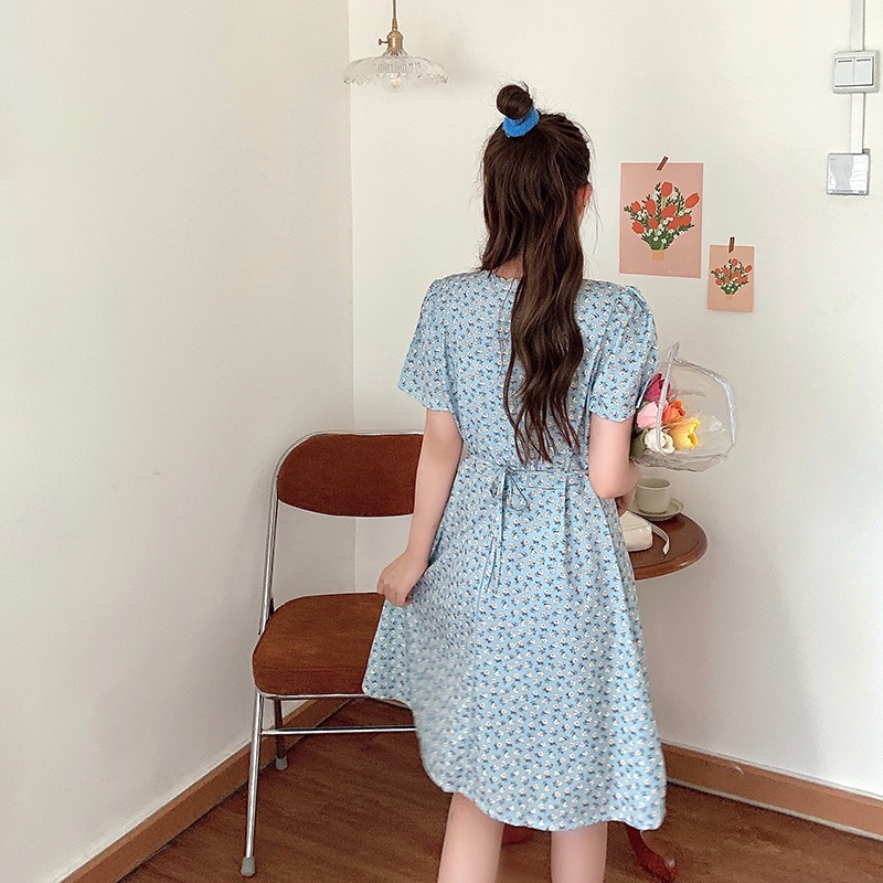 IELGY  Đầm Hoa Chuông Nhỏ Cổ Chữ V Siêu Mỏng Mùa Hè Kiểu Pháp