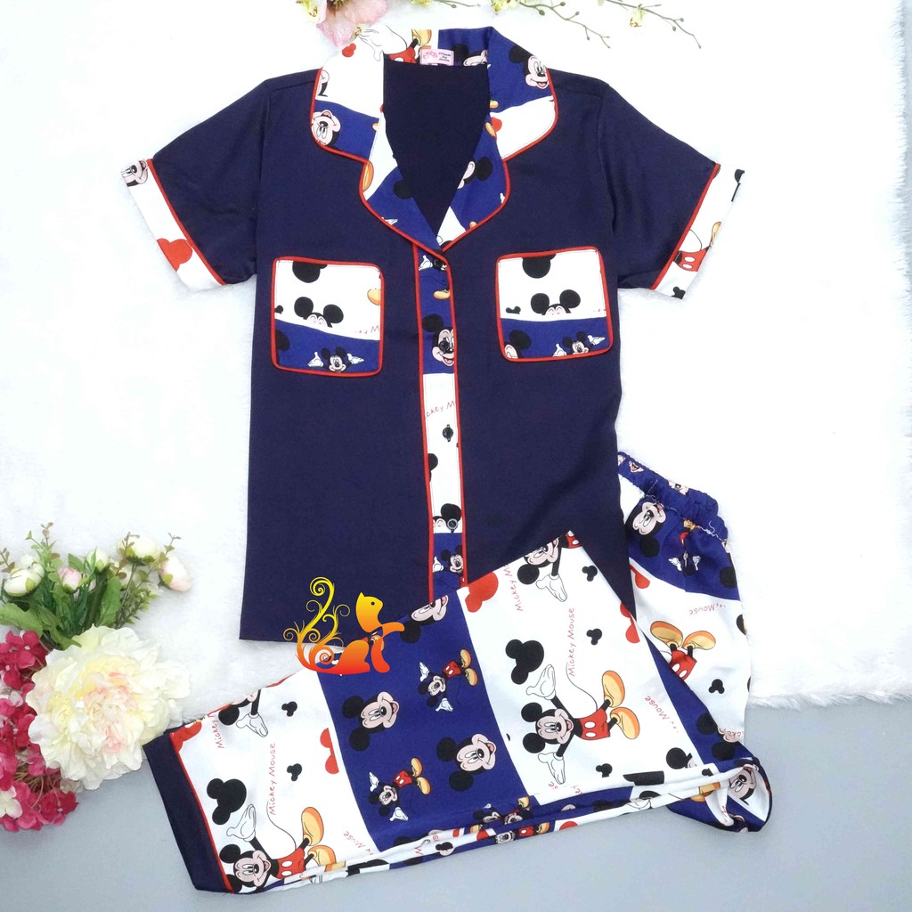 Bộ Đồ Mặc Nhà &quot;Mít Ki Mao&quot; Pijama Satin Lụa Phối 2 Túi Quần Dài Cao Cấp - Siêu Mát - Dưới 60kg.