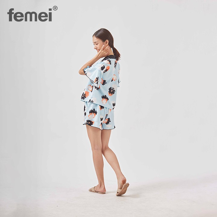 [Mã LT50 giảm 50k đơn 250k] FEMEI - Bộ Pijama ngắn Lụa Hoa Xanh DÔNNA