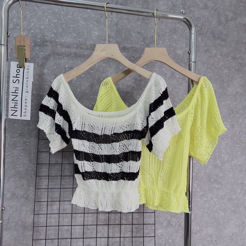 Áo len mỏng cổ vuông croptop bo chun, Áo kiểu dáng ngắn tay bồng AL1380 - NhiNhi Shop