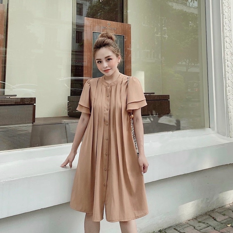 Đầm kem cổ trụ xếp li (kèm hình thật)