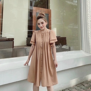 Đầm kem cổ trụ xếp li