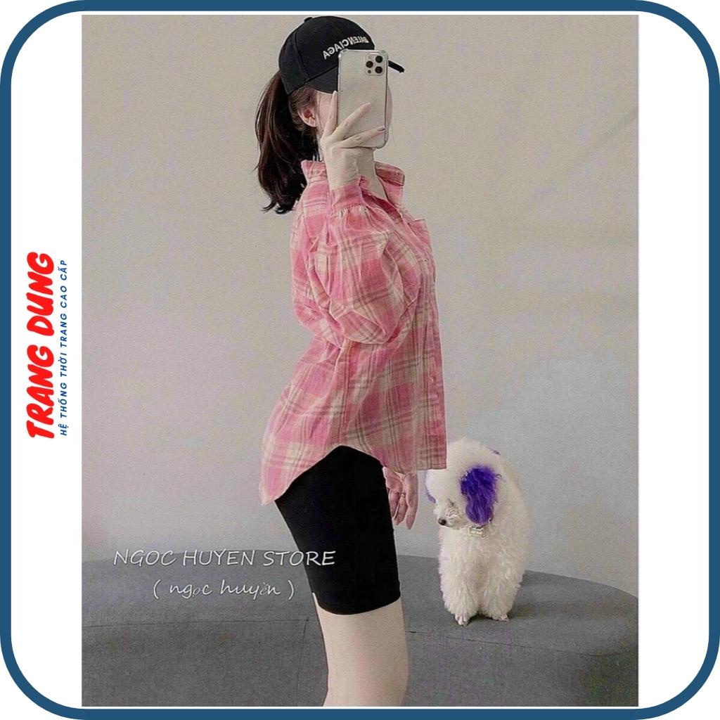 Áo Sơ mi nữ vải đũi form rộng kẻ sọc caro hồng thoáng mát - free size <52kg
