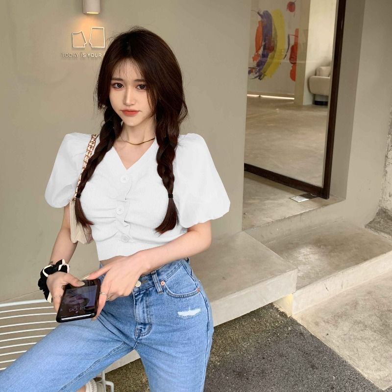 Áo len tay phồng ngắn cổ chữ v màu hồng trơn ôm dáng thời trang cho nữ | BigBuy360 - bigbuy360.vn