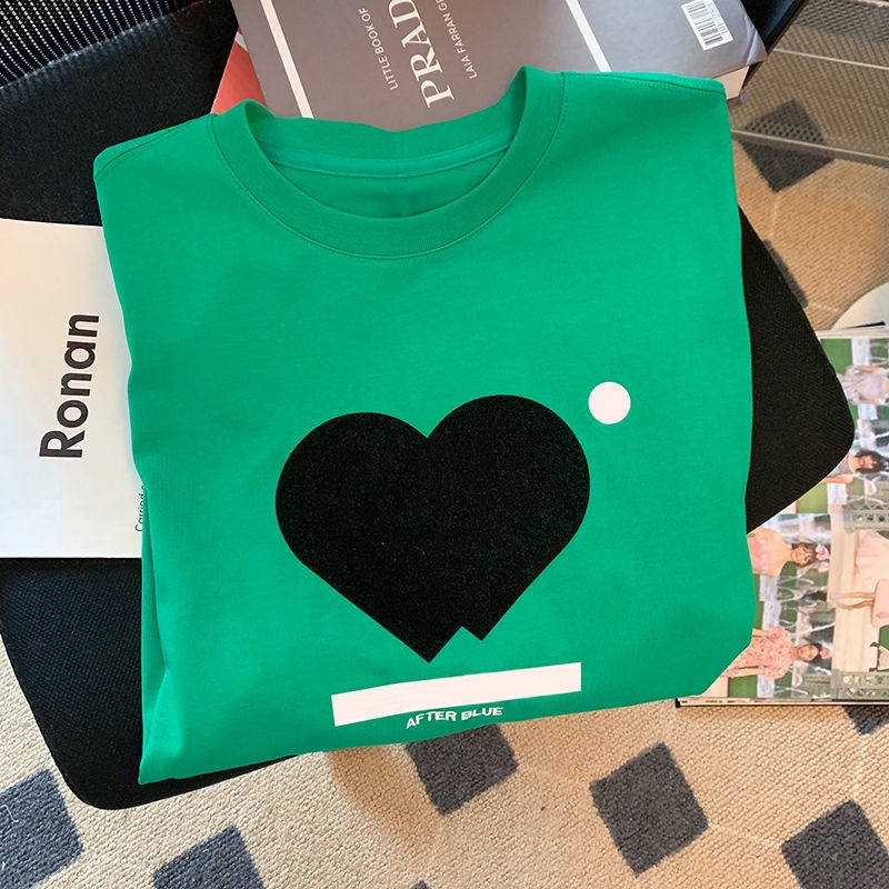 Áo Thun Cổ Tròn Tay Ngắn Dáng Rộng In Họa Tiết Trái Tim Thời Trang Mùa Hè Phong Cách Hàn Quốc Mới Cho Nữ