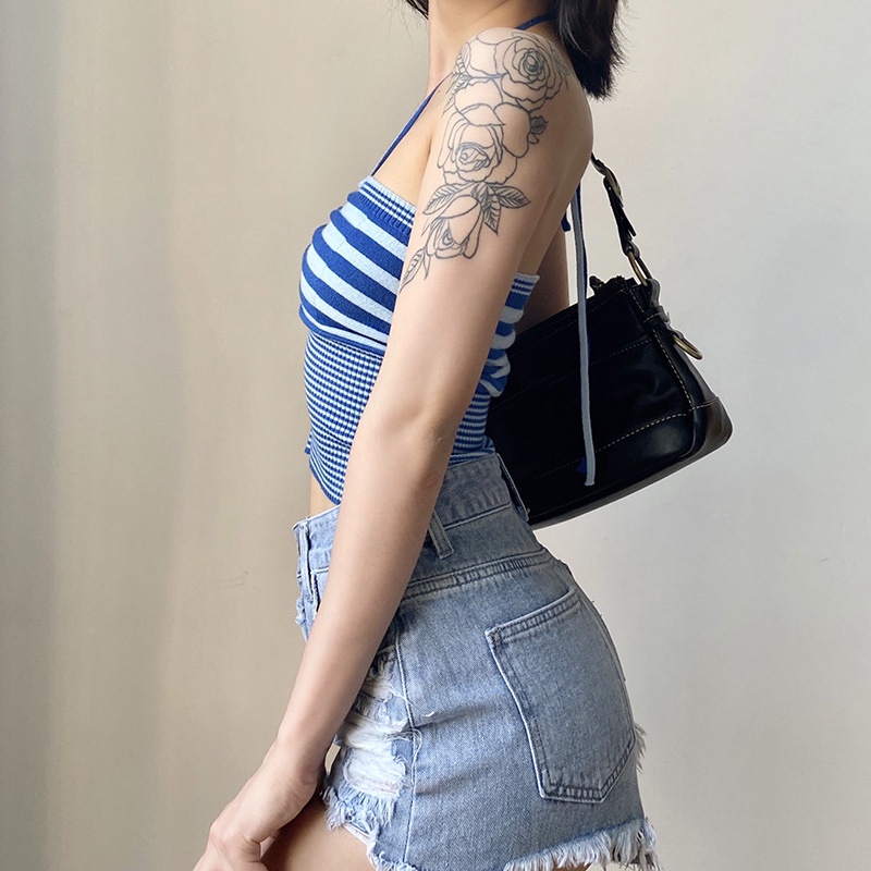 Kliou 2022 Mới vào mùa hè Áo kiểu KLIOU dáng ngắn hai dây hở lưng họa tiết kẻ sọc thời trang mùa hè dành cho nữ