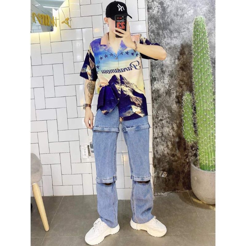 Sơmi Ulzzang cộc tay nam cổ vests in hình 3D