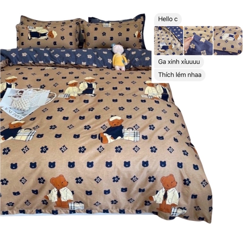 Bộ chăn phao ga gối cotton 3D sang xịn gấu nâu combo 5 món tặng kèm vỏ gối ôm
