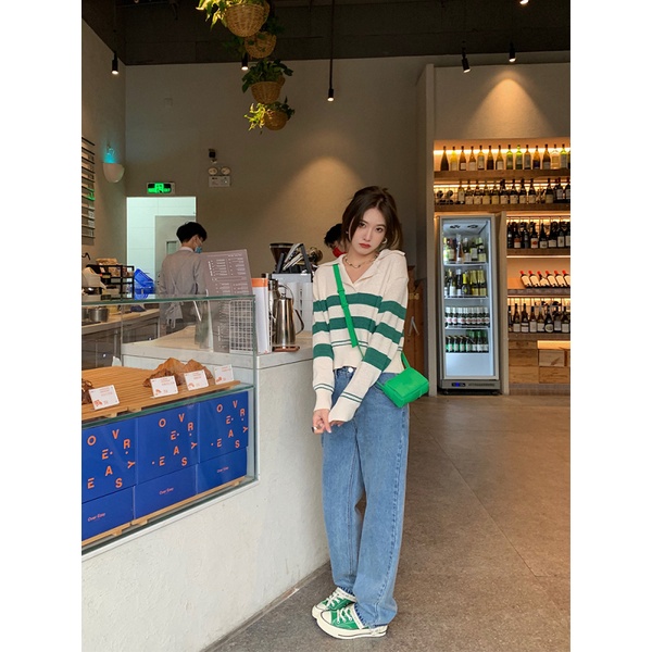 Áo polo NZN dệt kim ôm dáng họa tiết kẻ sọc nữ tính