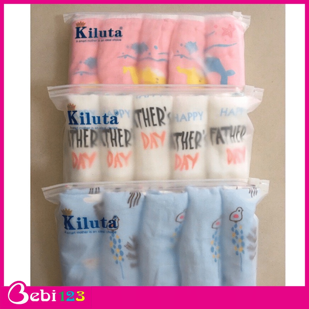 Set 5 khăn tay 3 Màu Cao Cấp, khăn sữa, khăn mặt Kiluta 6 lớp dày mịn 30x30cm cho bé