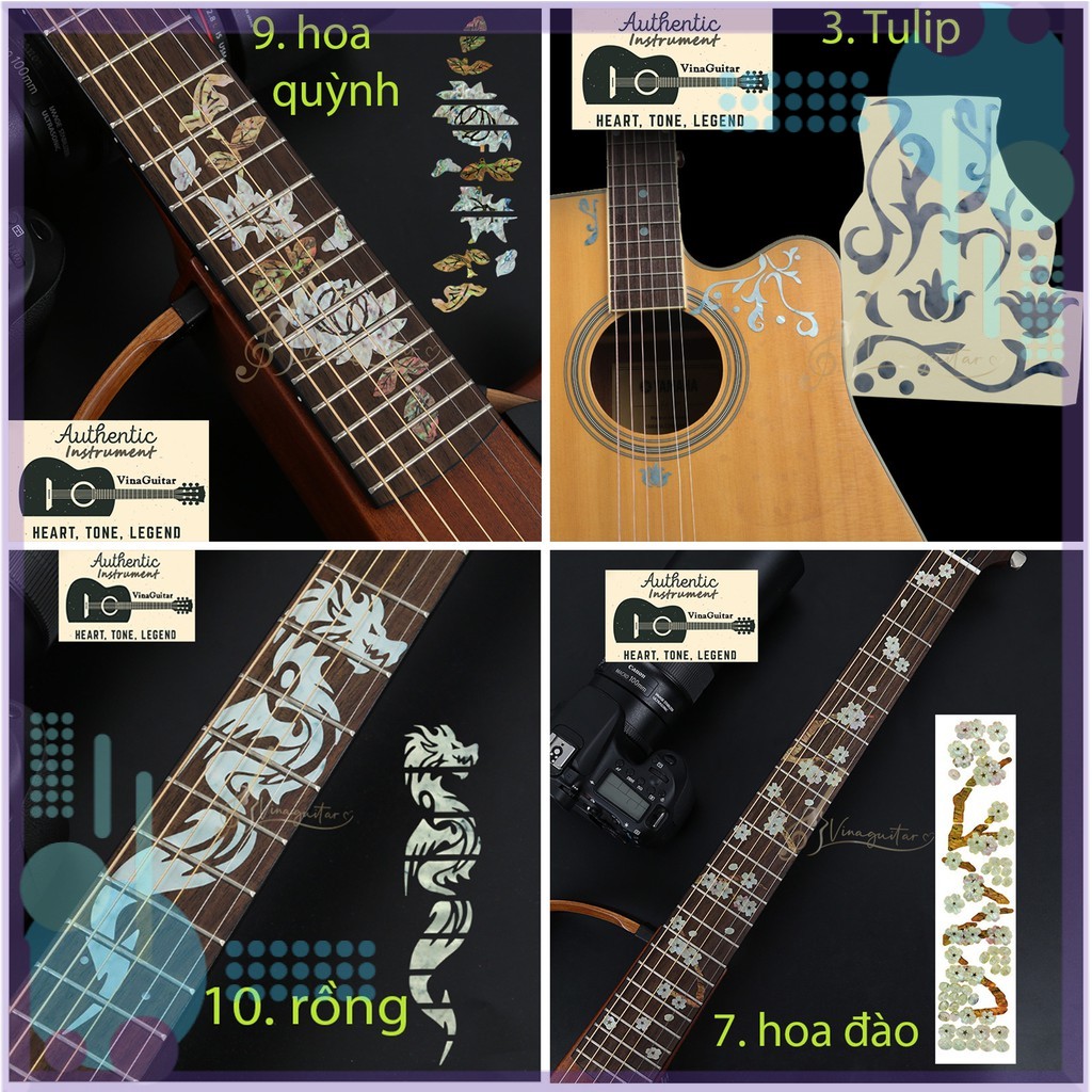 Bộ miếng dán khảm cần Đàn Và Trang Trí Họa Tiết 14 Mẫu- Khảm Đàn Cho Guitar Ukulele Nhạc cụ