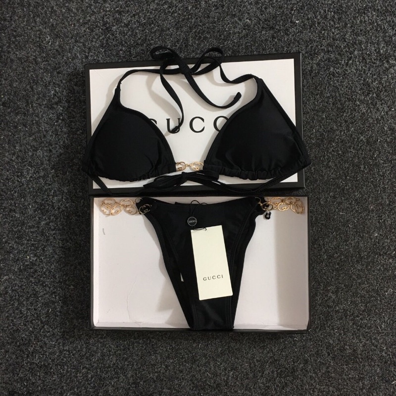 bộ áo tắm bikini xẻ tà mới, đồ lót ren chuỗi kim loại + quần sịp chữ T, có hộp gucci GC gg