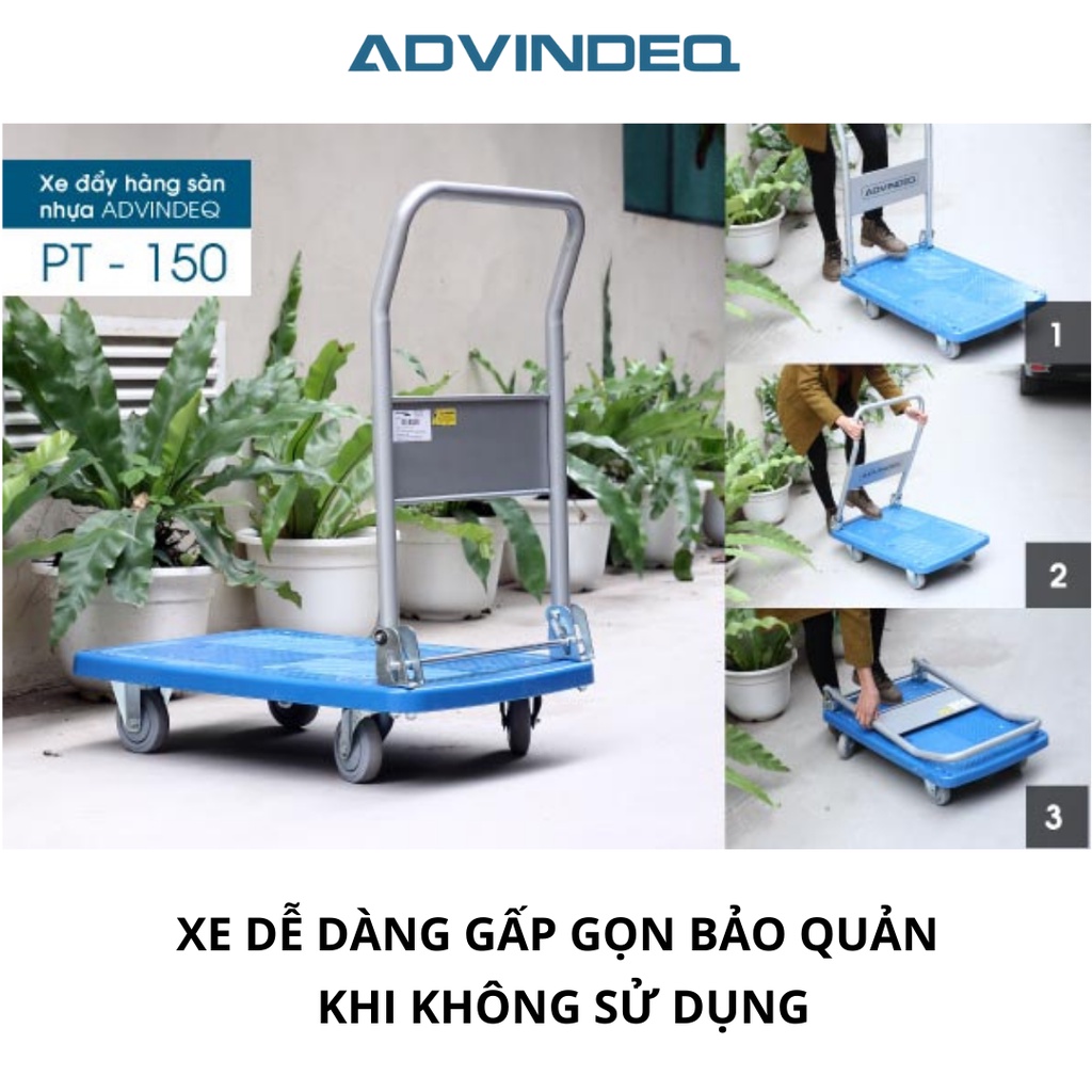 Xe đẩy hàng 4 bánh sàn nhựa ADVINDEQ PT-150, xe đẩy hàng gấp gọn tiện dụng, bảo hành 12 tháng toàn quốc