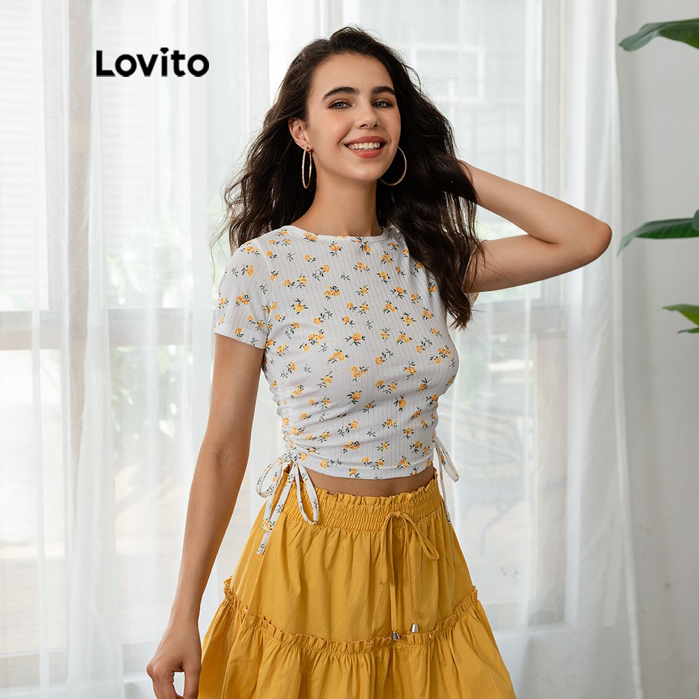 Áo Thun Croptop Lovito Rút Dây In Hoa Thời Trang Thường Ngày L03109 (Màu Trắng) | BigBuy360 - bigbuy360.vn