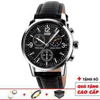 Đồng hồ nam SKMEI chính hãng cao cấp dây da chống xước chống nước tuyệt đối mặt tròn 38mm giả 3 kim 9070