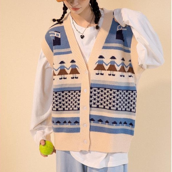 Áo len không tay cổ chữ V thiết kế mới phong cách vintage thời trang cho nữ