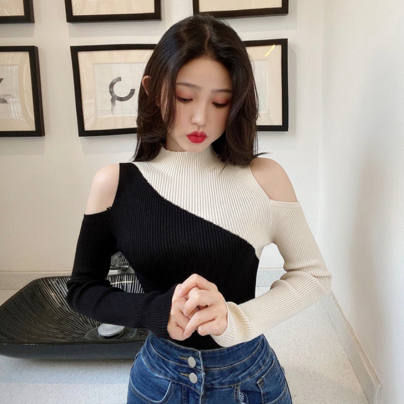 Áo Dệt Kim Trễ Vai Phối Màu Tương Phản Thời Trang Cho Nữ | BigBuy360 - bigbuy360.vn
