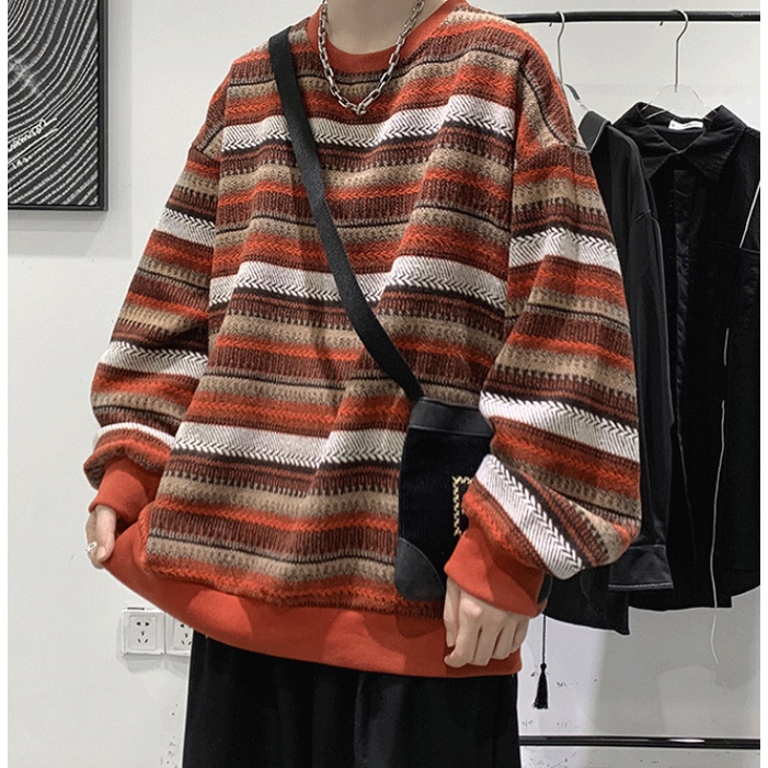 Plus Áo Sweater Dài Tay Dáng Rộng Phối Nhung Kẻ Sọc Kiểu Vintage Nhật Hàn Hợp Mùa Thu Đông Cỡ M-3XL