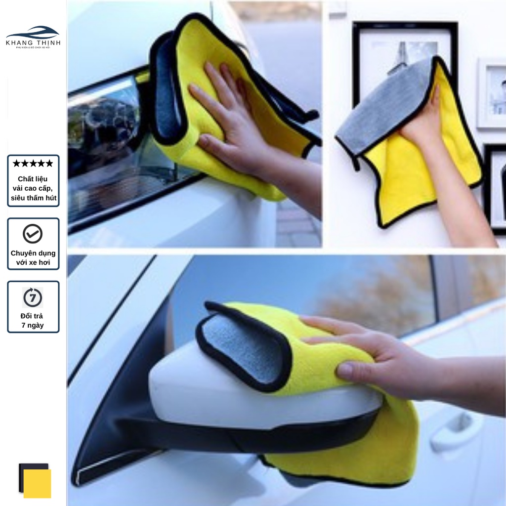 Khăn lau ô tô xe hơi đa năng Microfiber màu vàng 2 lớp cao cấp khăn lau bếp lau kính siêu sạch siêu thấm hút