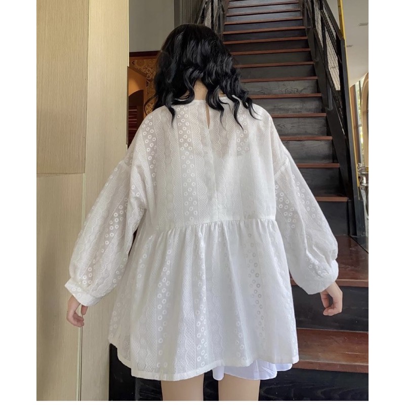 [Ảnh thật/Sẵn]Áo babydoll thô ren hoa nổi dáng rộng/Áo babydoll form rộng Ulzzang | BigBuy360 - bigbuy360.vn