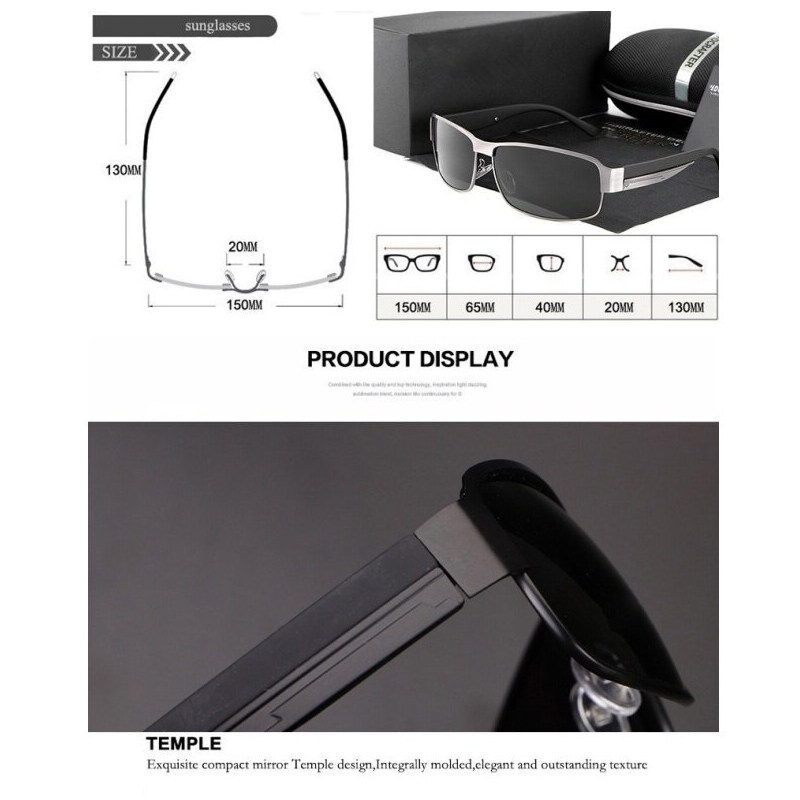 Kính Mát Phân Cực Mặt Vuông Gọng Kim Loại Thay Đổi Màu Sắc Ngày Và Đêm Cho Nam