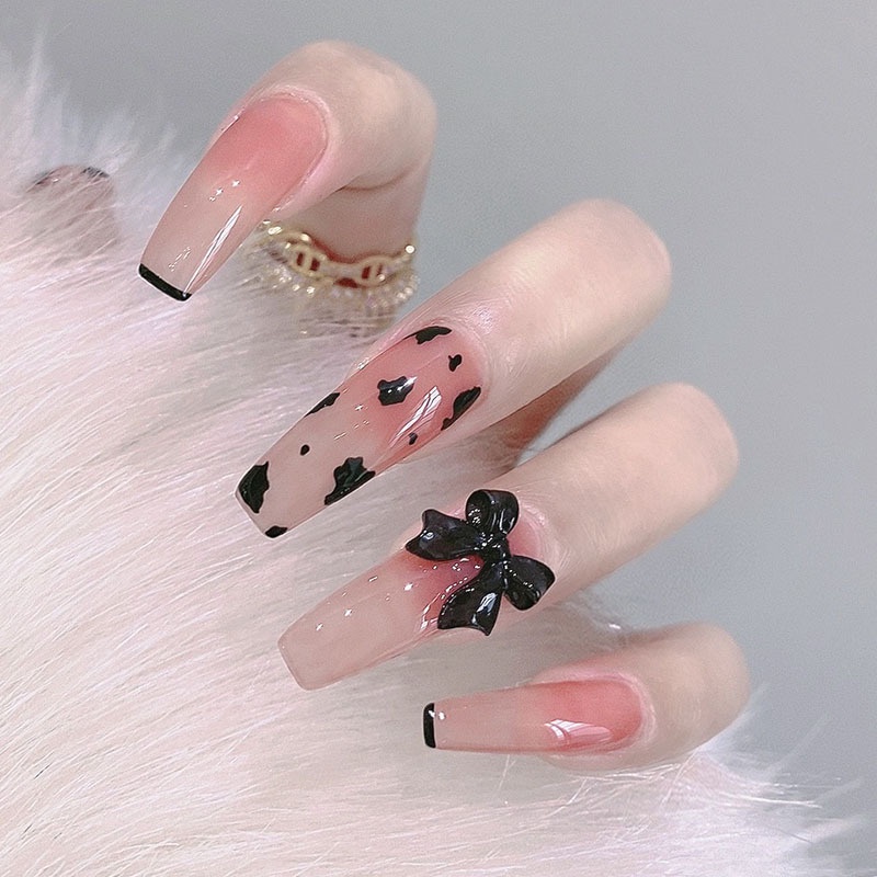 Set 24 Móng Tay Giả dài trong suốt đính nơ đá Gắn Nơ Xinh Xắn Thời Trang Cá Tính Cho Nữ móng giả đính nơ Kèm Keo Dán