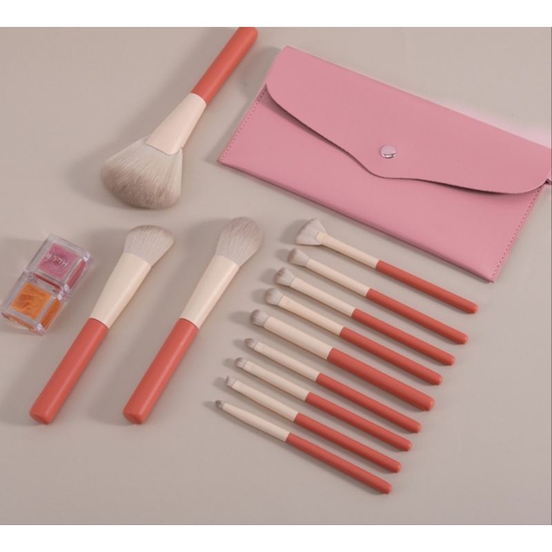 (Tặng kèm túi đựng da) Bộ cọ 12 món tone đỏ cam makeup chuyên dụng