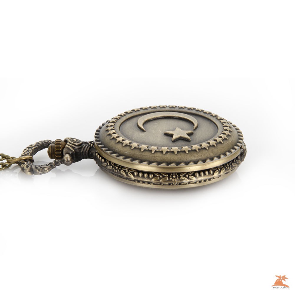 #Đồng hồ bỏ túi# Antique Bronze Turkish Flag Design Moon and Star Theme Quartz Pocket Watch With Necklace Chain