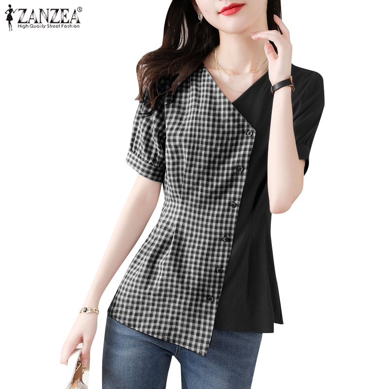 Zanzea Áo Sơ Mi Tay Ngắn Cổ Chữ V Họa Tiết Kẻ Ô Thanh Lịch Dành Cho Nữ