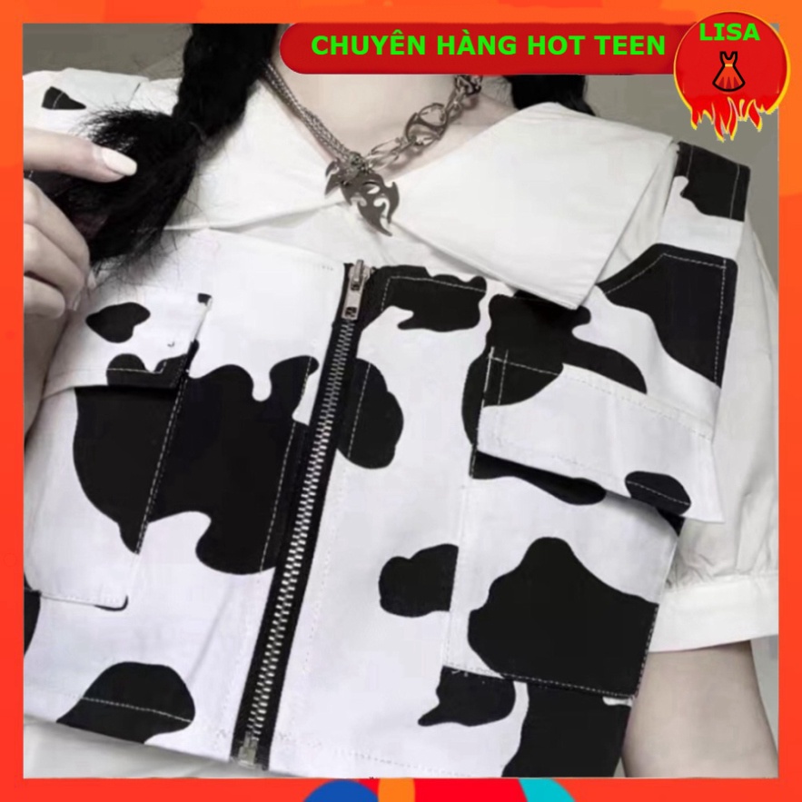 ÁO CROPTOP GILE DÁNG BA LỖ HỌA TIẾT BÒ SỮA KHÓA KÉO ULZZANG - Áo khoác gile croptop bò sữa - 👗lisa97_store