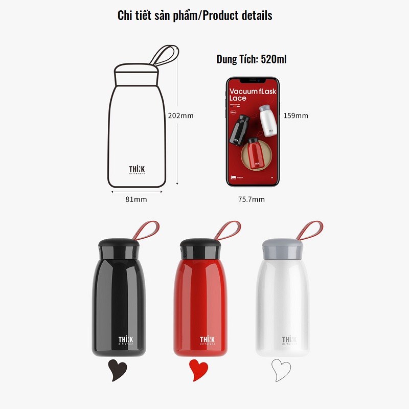 Bình Giữ Nhiệt HELLO Thép 304 Không Gỉ , Bình Chân Không 520ML Nhỏ Gọn Khi Mang Theo Lamita BGN09