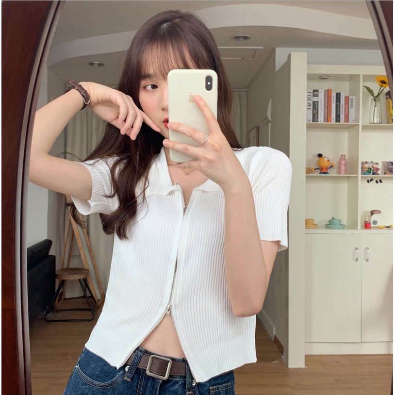 Áo croptop tay ngắn - áO CRT ôm cổ bẻ khóa kéo hai đầu AO026