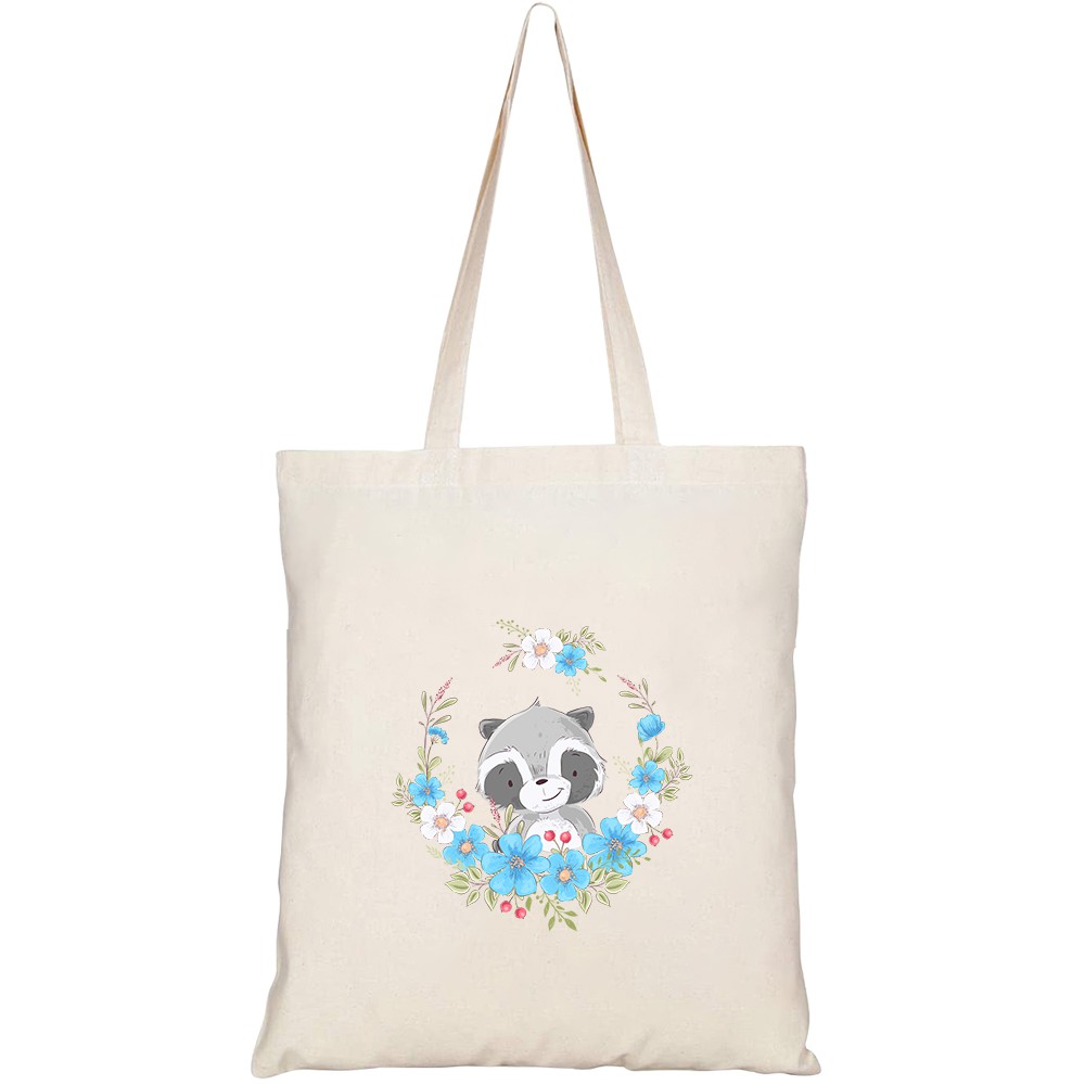 Túi vải tote canvas HTFashion in hình postcard poster cute little raccoon wreath flowers HT194