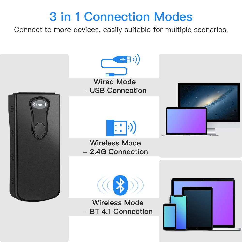 Eyoyo Bluetooth 1D QR 2D Barcode Scanner, USB Wired & 2.4G Wireless & Bluetooth Bar Code Reader, Portable CCD Screen Scanning PDF417 Data Matrix Image Scanner work with Windows, Mac, Android, iOS