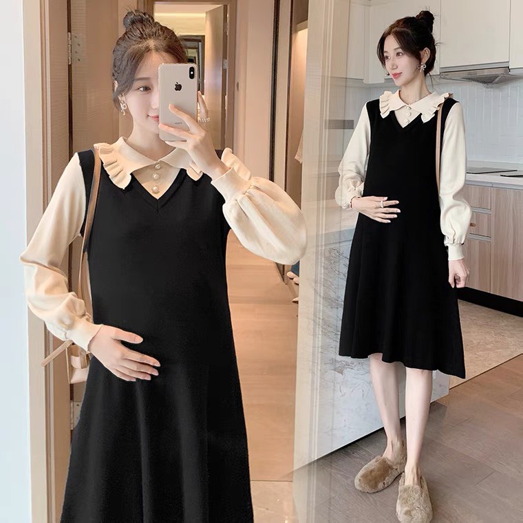 váy len , đầm len bầu dáng dài - chất len mềm mịn- kèm dây buộc nơ eo