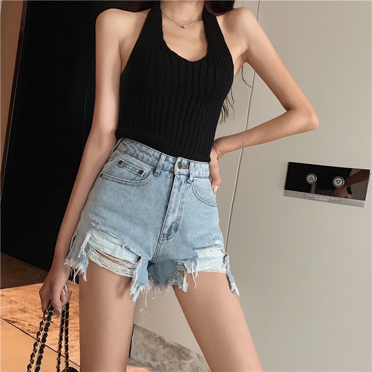 Cocory vn Quần Short Denim Lưng Cao Phối Rách Thời Trang Mùa Hè Quyến Rũ Cho Nữ