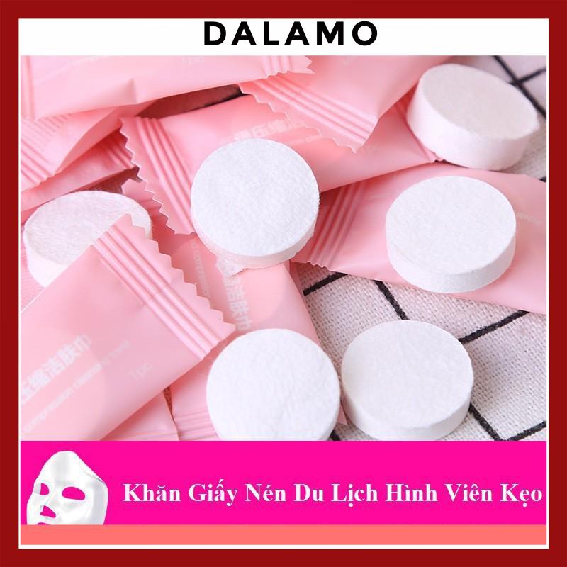 Khăn giấy nén du lịch hình viên kẹo vải cotton đa năng bỏ túi lau mặt lau tay KN13 DALAMO