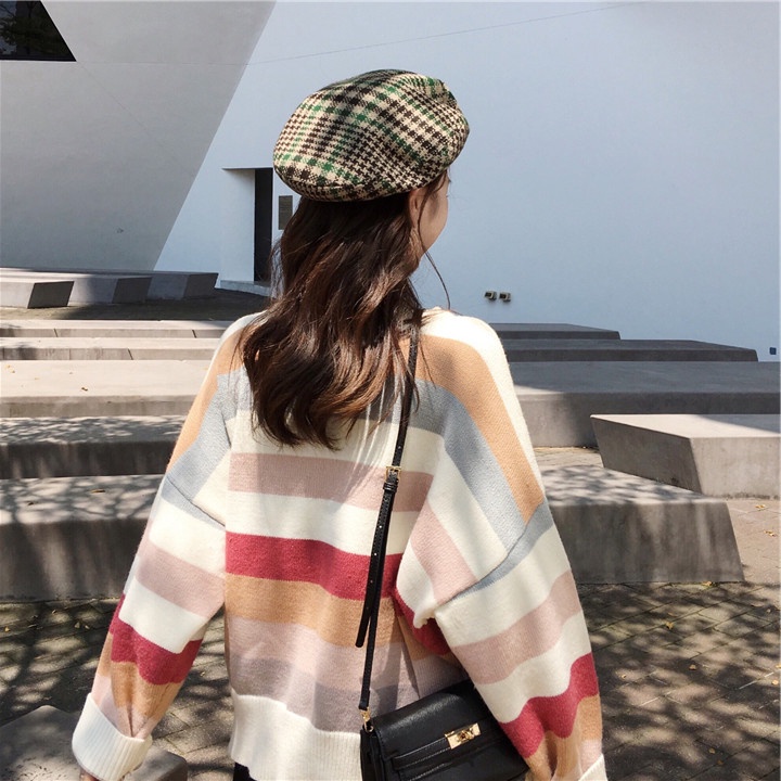 Áo sweater nữ tay dài dáng rộng kẻ sọc ngang thời trang