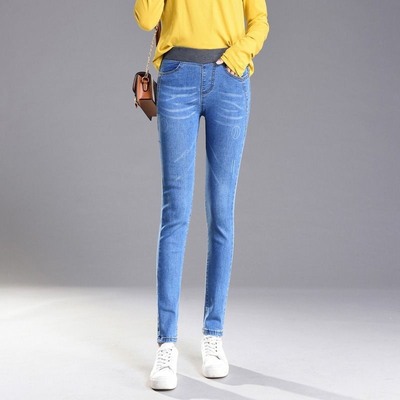 bán trước đẹp trai❅™◕[Quần đơn / nhung] quần jean eo cao mùa thu và đông mỏng phiên bản áo cotton size lớn đàn h