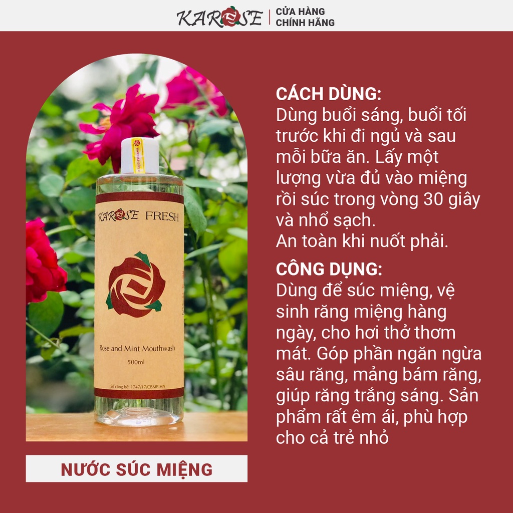 (DATE MỚI NHẤT, 500 ml) Nước súc miệng Karose Fresh 100% tự nhiên từ hoa hồng, bạc hà, diệt khuẩn, thơm miệng