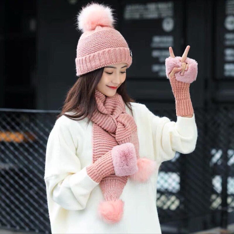 Bộ khăn mũ găng len lông cừu kiểu dáng thời trang hàn quốc dành cho nữ