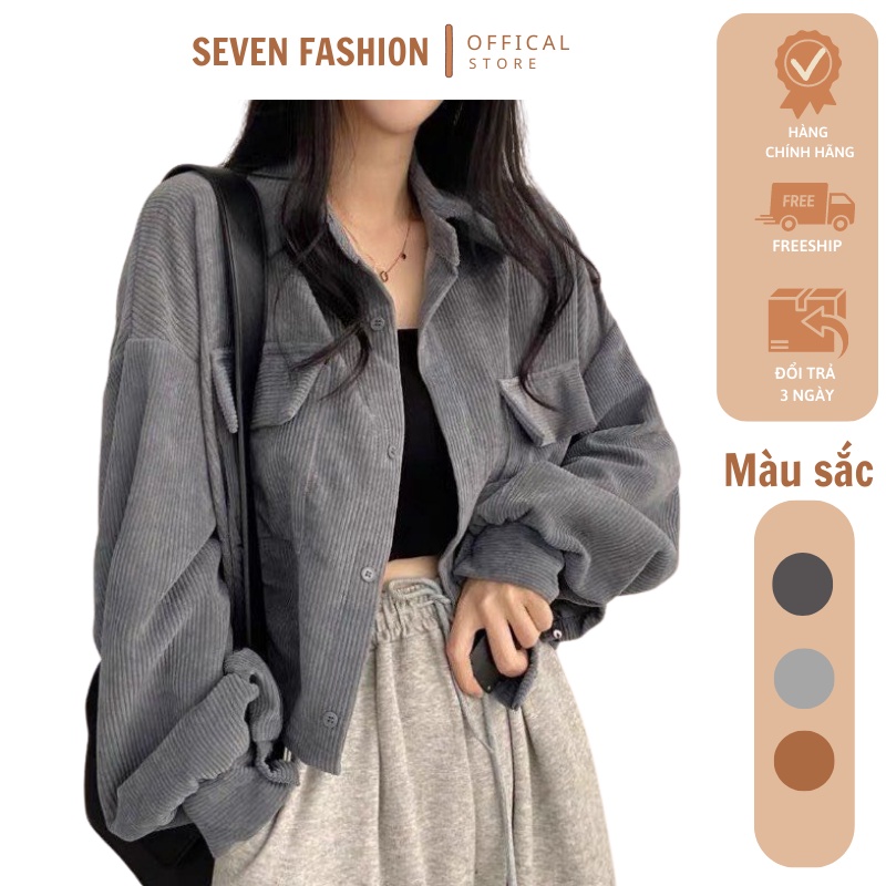 Áo Sơ Mi Nhung Nữ Croptop Tay Phồng Áo Nhung Dáng Lỡ Dài Tay Dáng Rộng Hàn Quốc F042 seven six