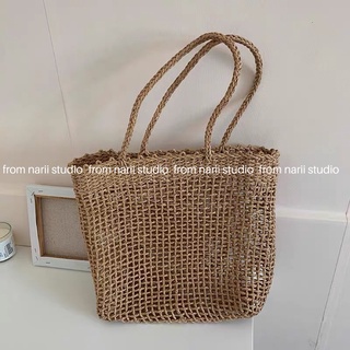 Túi cói đi biển vintage NARII túi cói du lịch nữ Hàn đan thưa nâu
